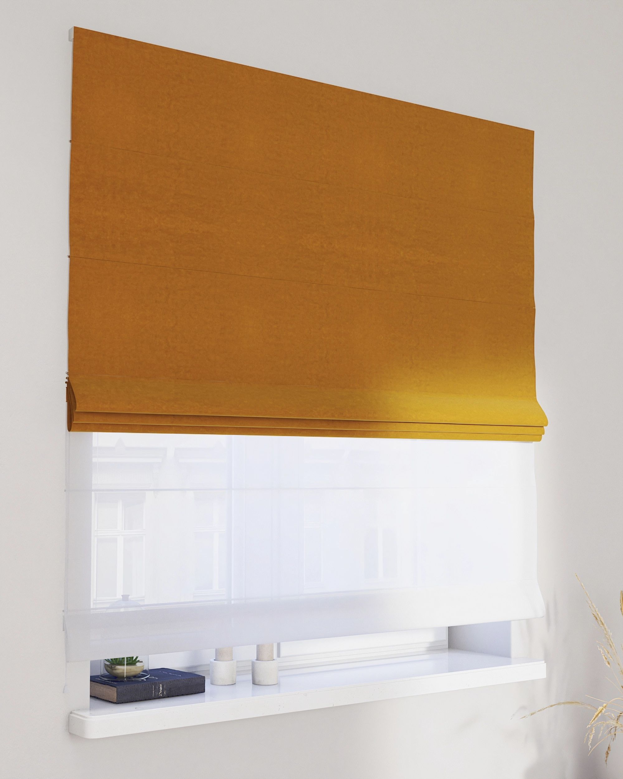 Double layered Roman blind DUO product colour yellow fabric gloss, velvet