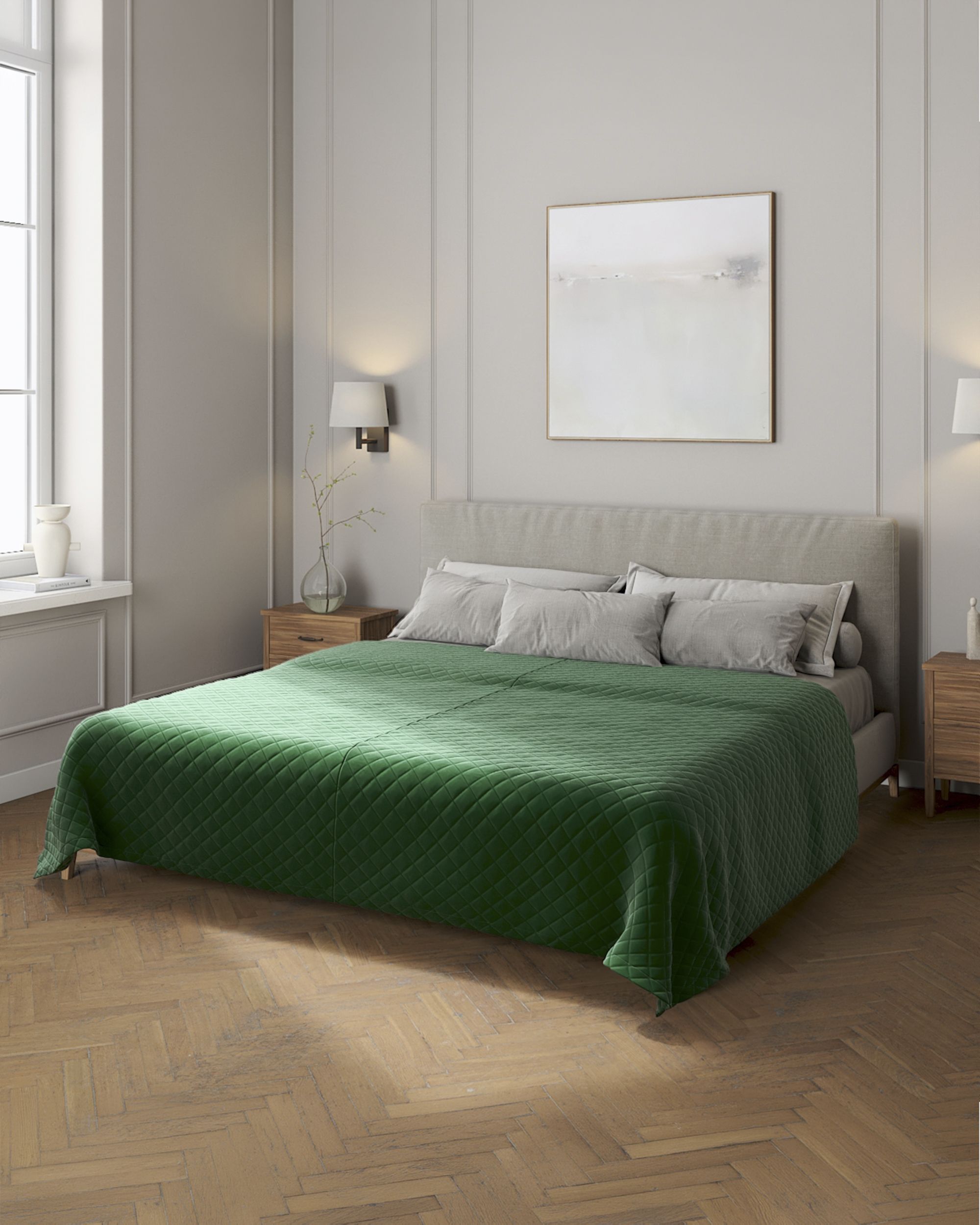 Velvet diamond quilted throw product colour green fabric gloss, velvet