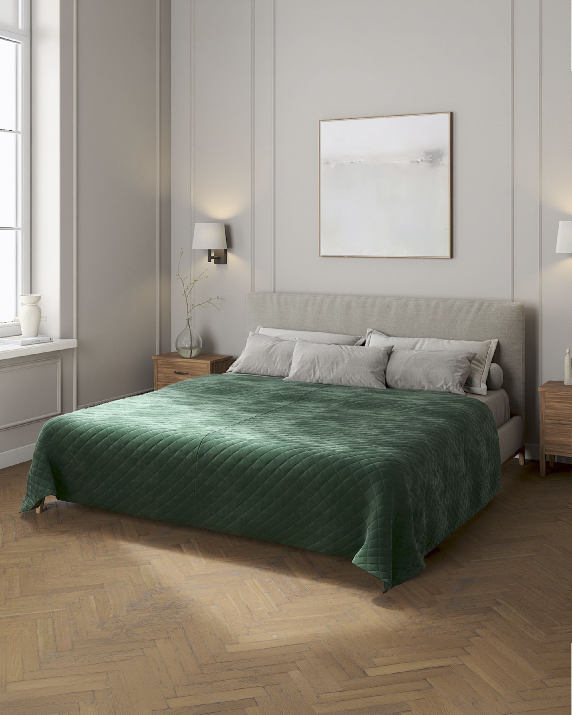 Velvet diamond quilted throw product colour green fabric gloss, velvet
