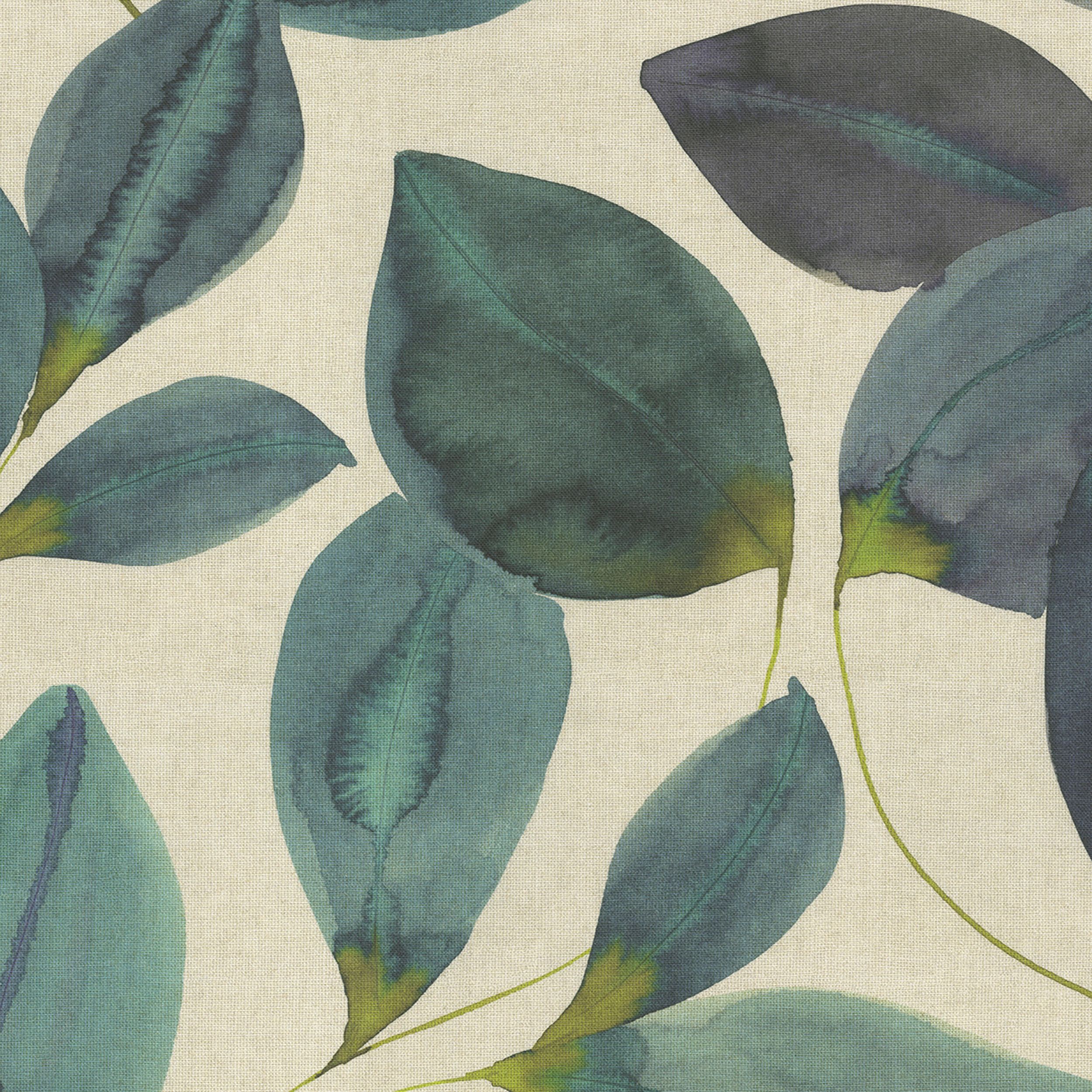 Gardenia 143-15 emerald green leaves with purple on a linen background